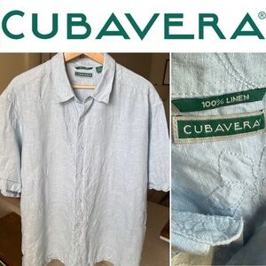 Cubavera Men’s S/S 100% Linen Light Blue Shirt W/Floral Embroidery Size XL